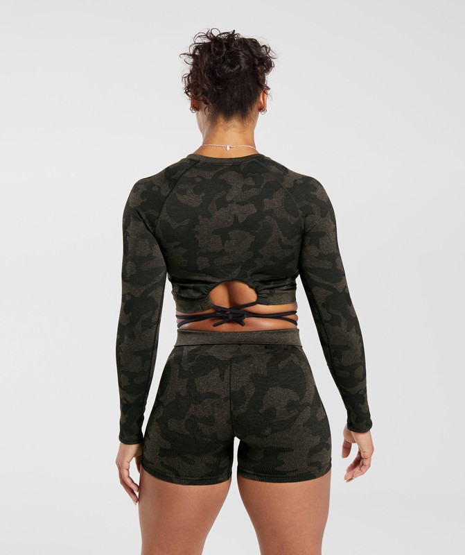 Gymshark Adapt Camo Seamless Ribbed Long Sleeve Crop Top Crop Top Dam Svarta Camo Bruna | 194JERXUY