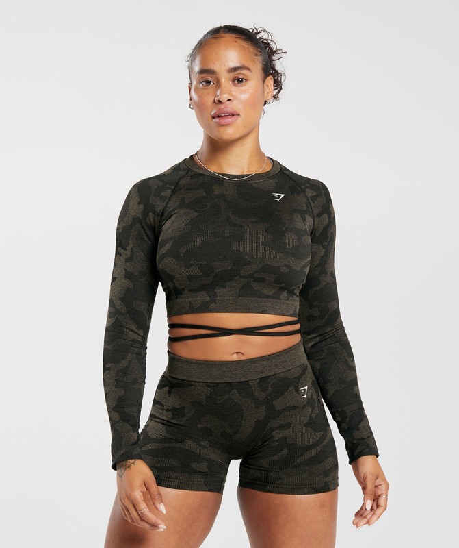 Gymshark Adapt Camo Seamless Ribbed Long Sleeve Crop Top Crop Top Dam Svarta Camo Bruna | 194JERXUY