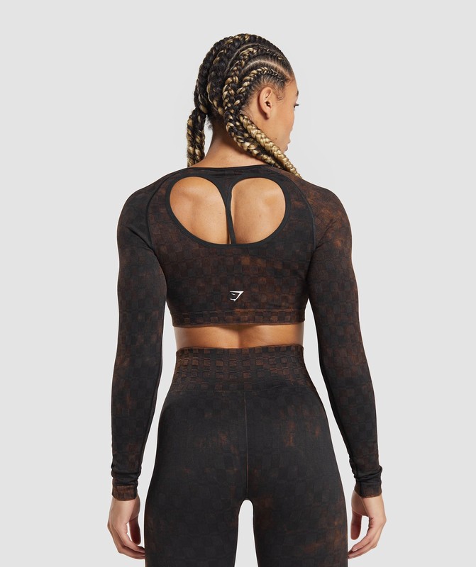 Gymshark Check Seamless Washed Long Sleeve Top Top Dam Svarta | 237GMQZPS