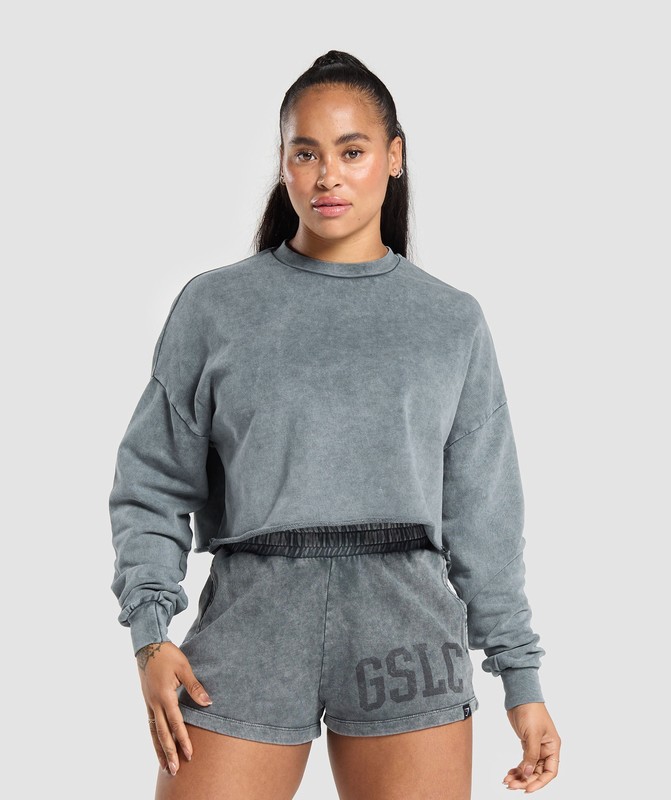 Gymshark Collegiate Shadow Washed Midi Sweatshirt Tröjor Dam Grå | 079GYXKBC