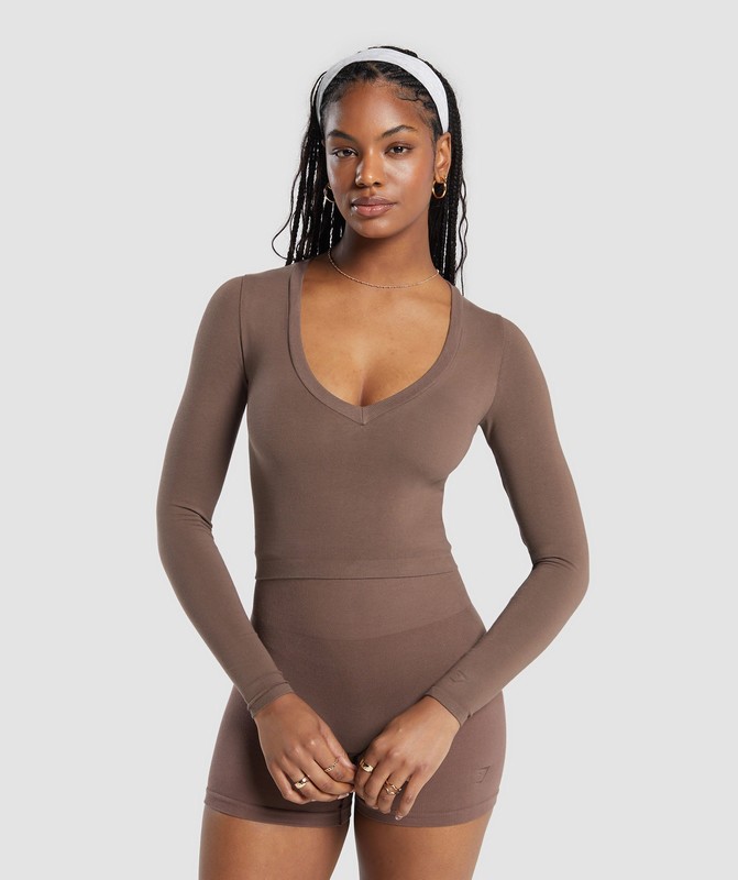 Gymshark Cotton Seamless Long Sleeve Midi Top Top Dam Bruna | 347RIWEBU