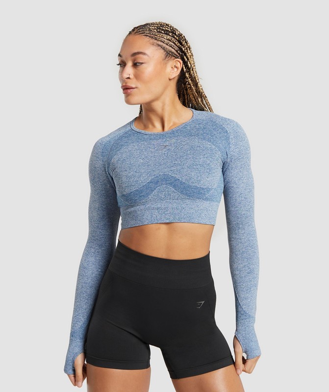 Gymshark Flex Long Sleeve Crop Top Crop Top Dam Blå Grå | 721WOFMJP