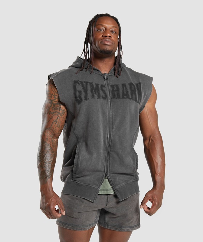 Gymshark Heritage Washed Sleeveless Zip Hoodie Hoodie Herr Grå | 947EVDZFP