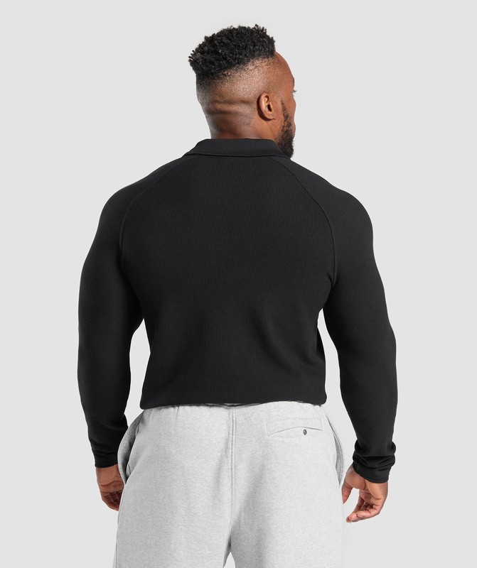 Gymshark Long Sleeve Waffle Polo Shirt Polotröja Herr Svarta | 632WVOAXI