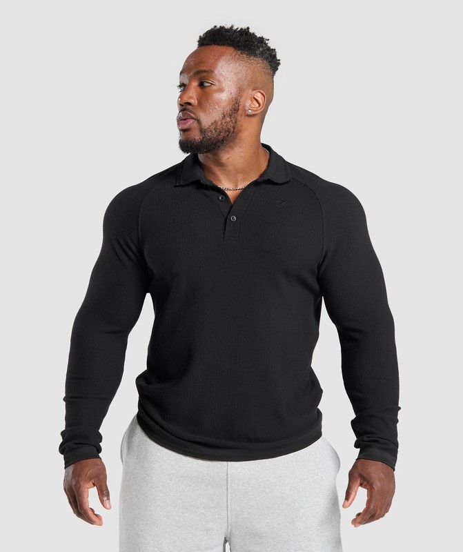 Gymshark Long Sleeve Waffle Polo Shirt Polotröja Herr Svarta | 632WVOAXI