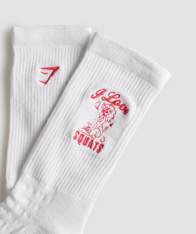 Gymshark Love Squats Graphic Crew Sock Single Strumpor Dam Vita Röda | 326IXDJNB