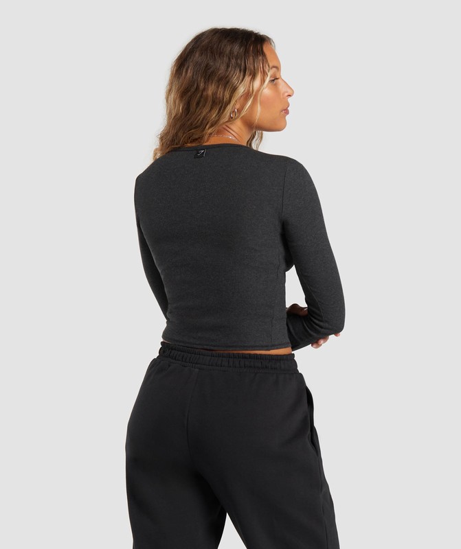 Gymshark Rib Long Sleeve Top Top Dam Svarta | 350XGTZJF