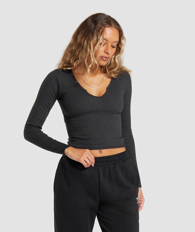 Gymshark Rib Long Sleeve Top Top Dam Svarta | 350XGTZJF