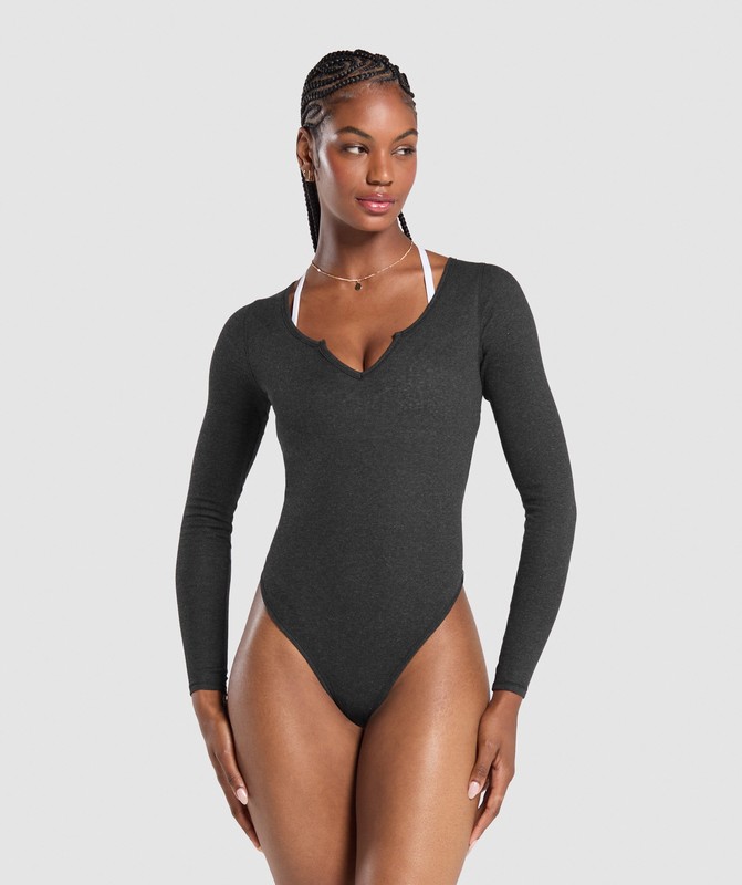 Gymshark Ribbed Cotton Long Sleeve Bodysuit Body Dam Svarta | 028MNCVWG