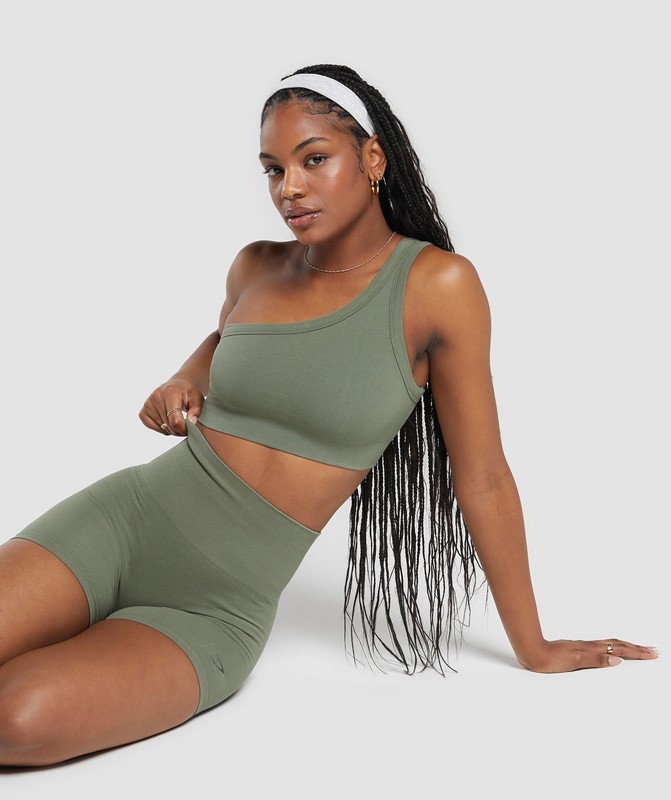 Gymshark Ribbed Cotton Seamless One Shoulder Bra BH Dam Gröna | 903ALTQJB