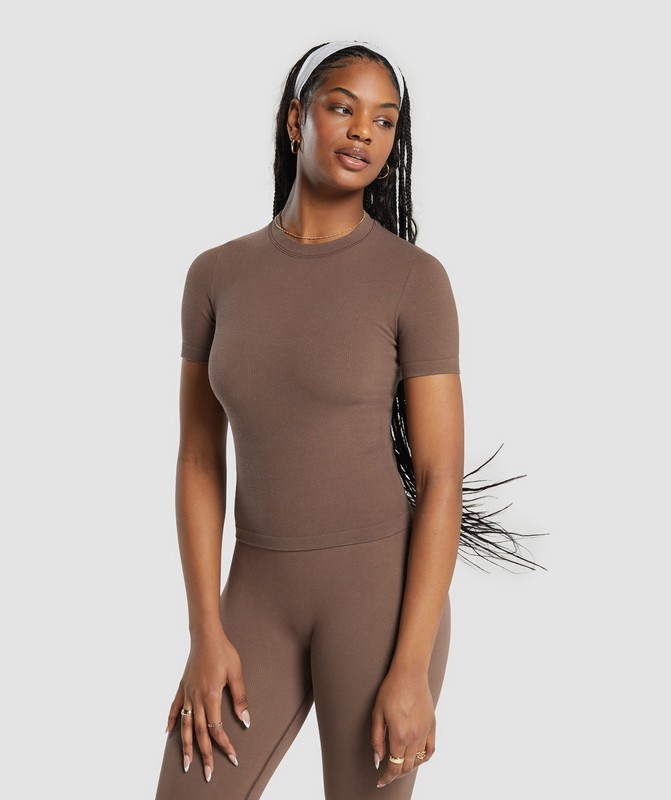 Gymshark Ribbed Cotton Seamless T-Shirt T-Shirt Dam Bruna | 860DOMIVK