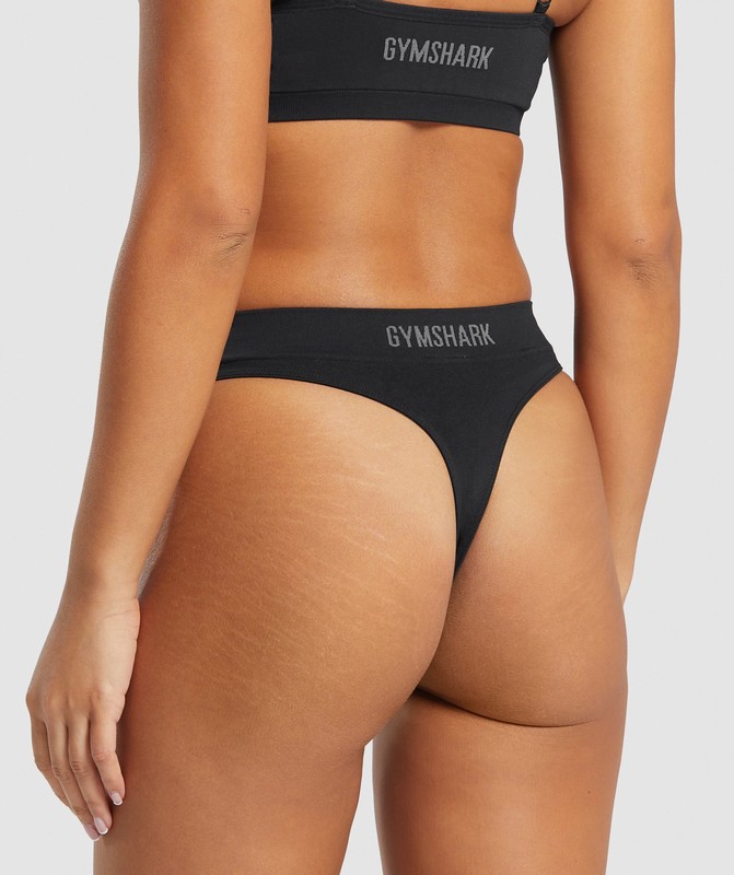 Gymshark Seamless High Leg Thong String Dam Svarta | 057QGTDKW