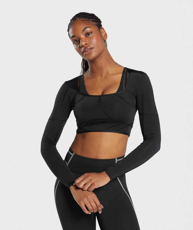 Gymshark Stitch Feature Long Sleeve Crop Top Crop Top Dam Svarta Svarta | 321RXFTDG