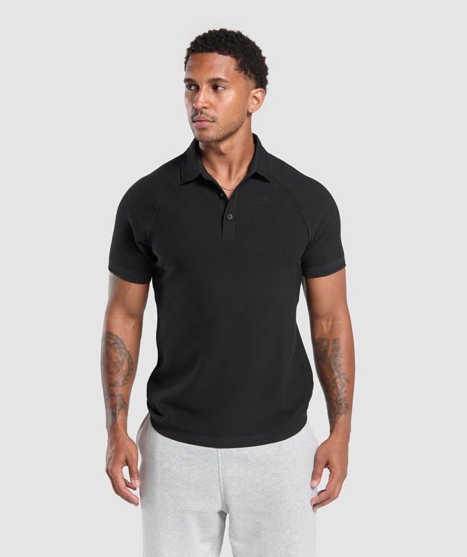 Gymshark Waffle Polo Shirt Polotröja Herr Svarta | 560NFZSPV