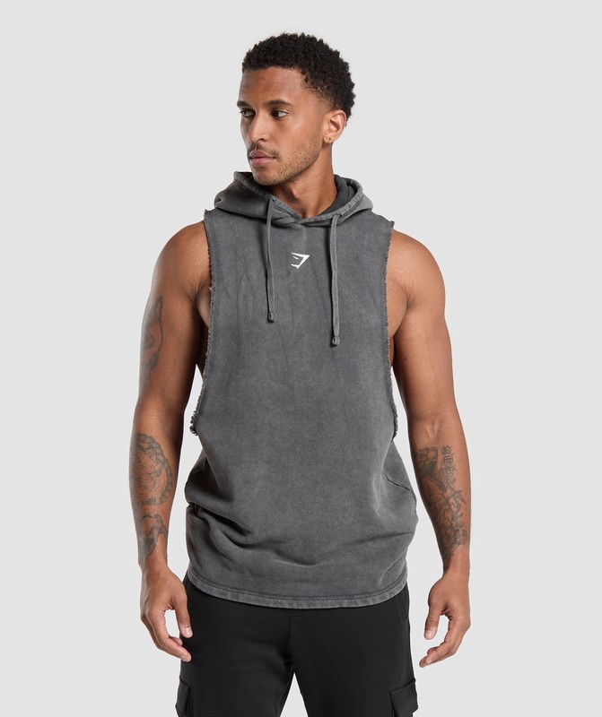Gymshark Washed Drop Arm Sleeveless Hoodie Hoodie Herr Svarta | 457HNRTLX